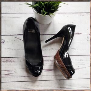 STUART WEITZMAN Black Patent Leather Peep-Toe Woven High Heel Pumps size 9.5